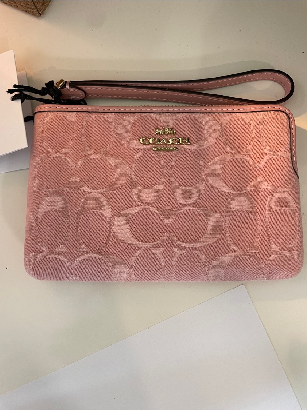 Coach Pink Denim Signature Canvas Wristlet with Gold Logo